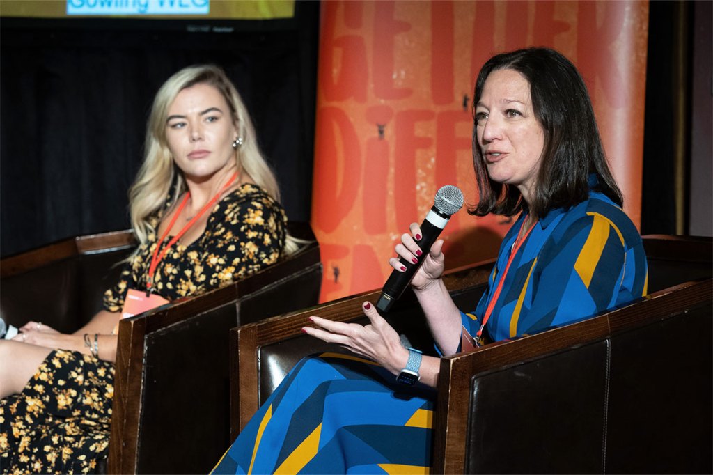 Georgie Drewery and Veronica Gallo-Alvarez at Bisnow's Women Leading Real Estate speaking on a panel about Market Outlook: Identifying Trends That Will Drive Real Estate Forward.